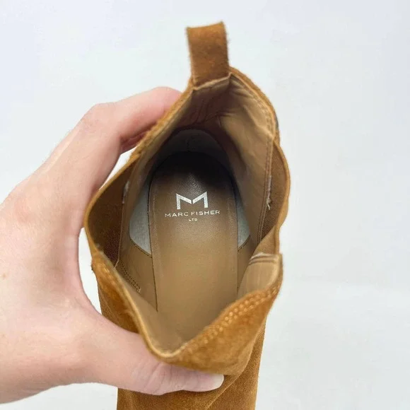 Marc Fisher Yale Cognac Suede Pointed Toe Chelsea Ankle Boots Silver Rand 9M - Picture 9 of 11